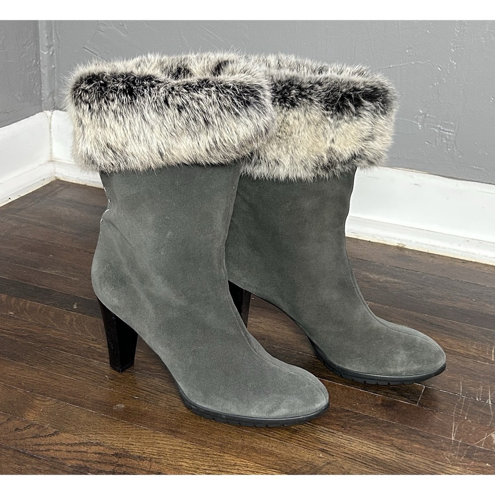 Aquatalia Women's Grey Suede Ankle Boots With Faux Fir Trim Size 10 Never Worn